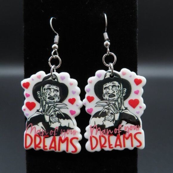 Freddy Krueger Man of Your Dreams Heart Love Valentine Horror Movie Earrings - Picture 5 of 5
